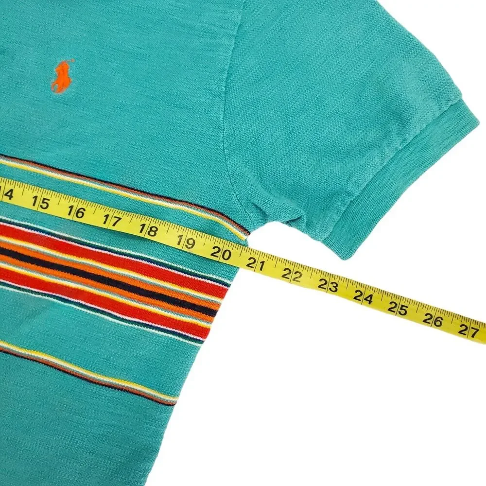 Ralph Lauren POLO Shirt Mens Medium Teal Multicolor Striped Casual Preppy Travel